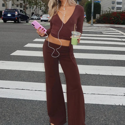 Women Y2k Fold Over Yoga Pants Colour Block Straight Leg Bottoms Low Rise Stretchy Lounge Trousers