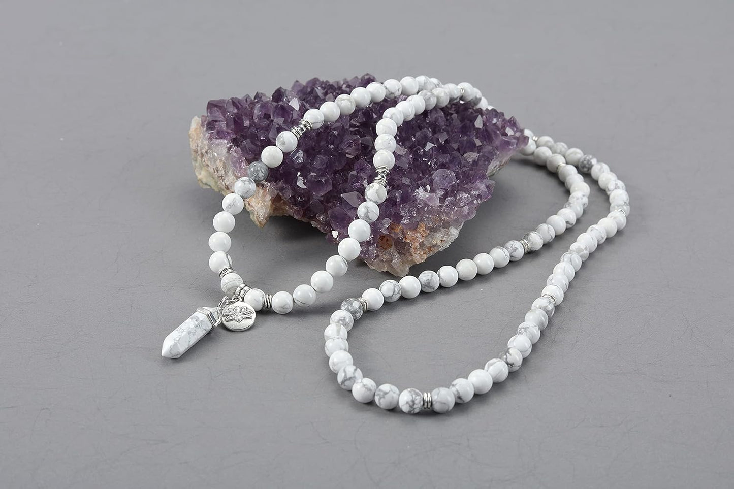 Jovivi 108 Mala Beads Bracelet 8mm Natural Amethyst Rose Quartz Healing Crystal Stone Mala Prayer Bead Necklace Hexagonal Prism Gemstone Reiki Pointed Pendant for Yoga Meditation Energy Balancing