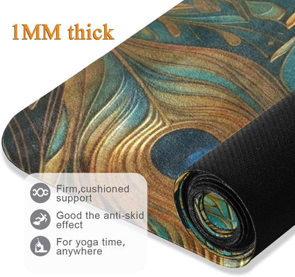 Green and Gold Peacock Feathers mat yoga for exercise printed, natural rubber non slip, yoga mat storage tapete para ejercicio 71x26 inches
