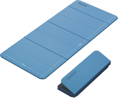 Foldable Yoga Mat Thick 10mm-WUWAN Extra Large Exercise Mat, TPE Material, Non-Slip Fitness Folding Mat Easy to Carry, Suitable for Home Workout Travel Pilates (75" x40",2/5") (Blue)