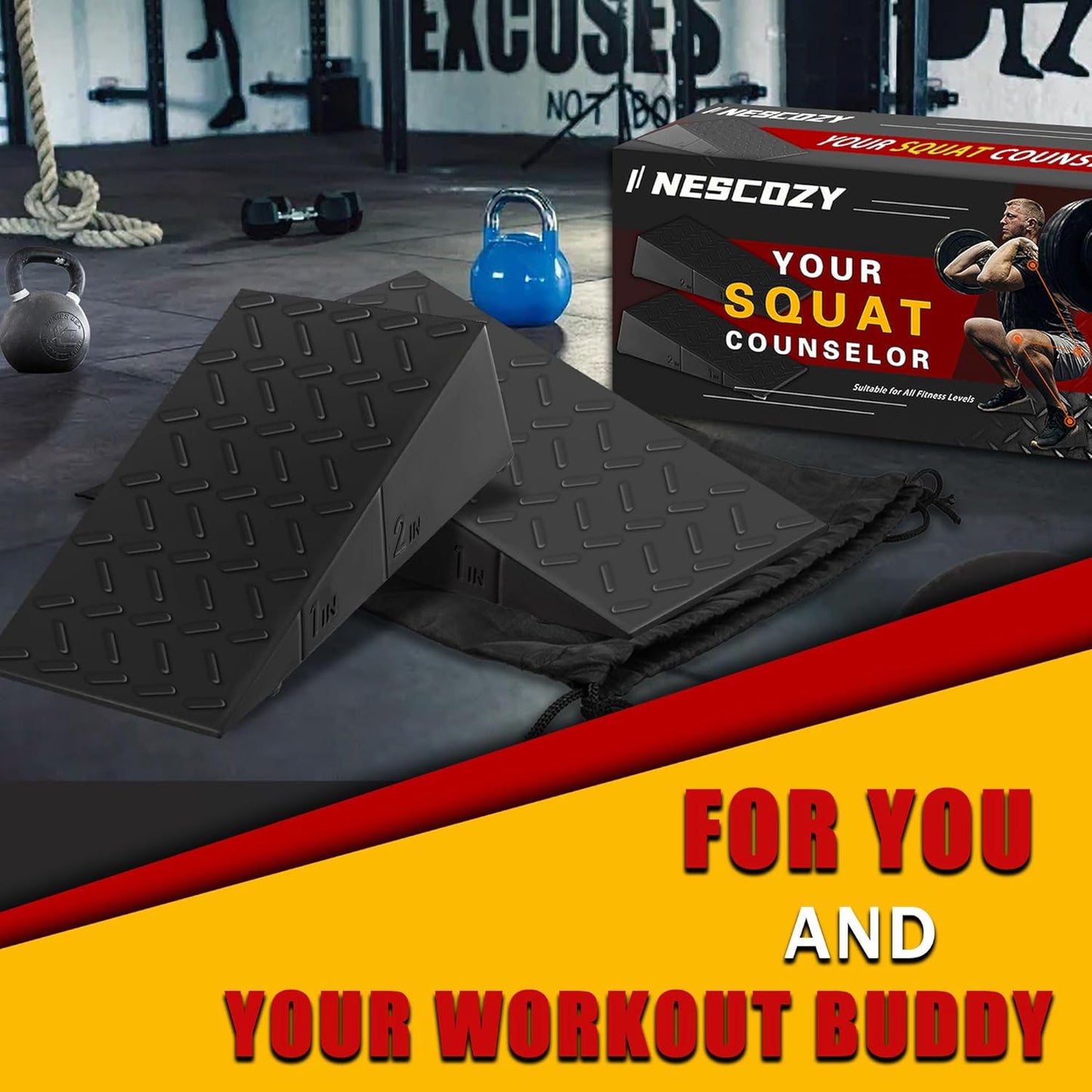 Squat Wedge Height-Adjustable Slant Board: 2Pcs Wide Wedges for Weightlifting Leg Glute Workout Improve Strength and Mobility for Gym Home