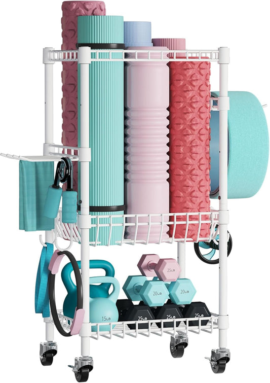 VOPEAK Home Gym Storage Rack with Wheels, Yoga Mat Storage Organizer for Kettlebells, Dumbbells, Resistance Bands, Space Saving 3-Tier Weight Rack for Home Gym, Garage, Easy to Install