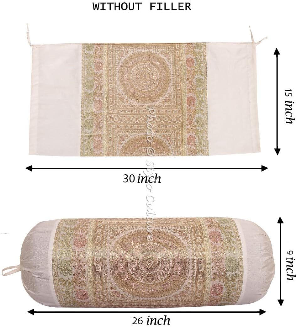 Ethnic Polydupion Cylindrical Yoga Bolster Pillow Cover White Jacquard Brocade Border Mandala Large Sofa Round Cylinder Cushion Cover (1 Pc) | 30x15 Inches (76x38 cm)