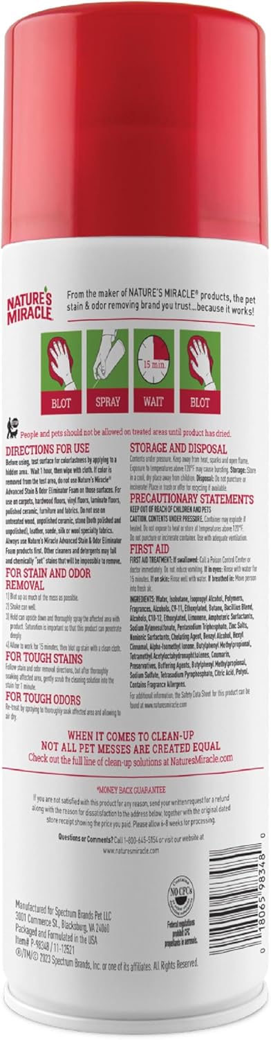 Nature’s Miracle Advanced Stain and Odor Eliminator Dog Spray, Fresh Scent, Severe Mess Enzymatic Formula For Tough Pet Messes, 32 oz