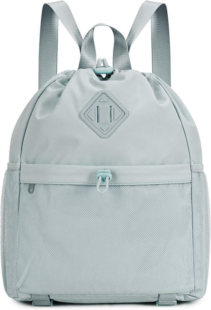 WANDF Drawstring Backpack for Women, Lightweight Gym Bag with Yoga Mat Strap, Water-Resistant String Backpack with Mesh Pocket (Grey, Patent Pending)