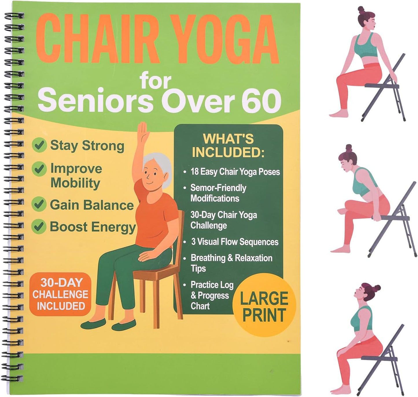 Chair Yoga for Seniors Over 60 Book & Chart, Gentle Seated Chair Yoga Guide, 30-Day Challenge for Flexibility & Balance, A4 Size Easy to Follow Chair Yoga Routine for Older Adults