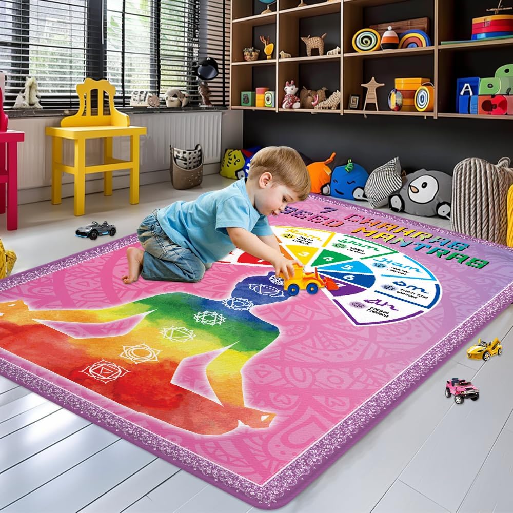 Chakra Area Rug, Meditation & Yoga Carpet for Living Room, Bedroom Mandalas Boho Style Non-Slip Machine Washable Rugs for Women Adults Yoga Lovers Bohemian Floor Mat Office Decor (YOGA-DS01)