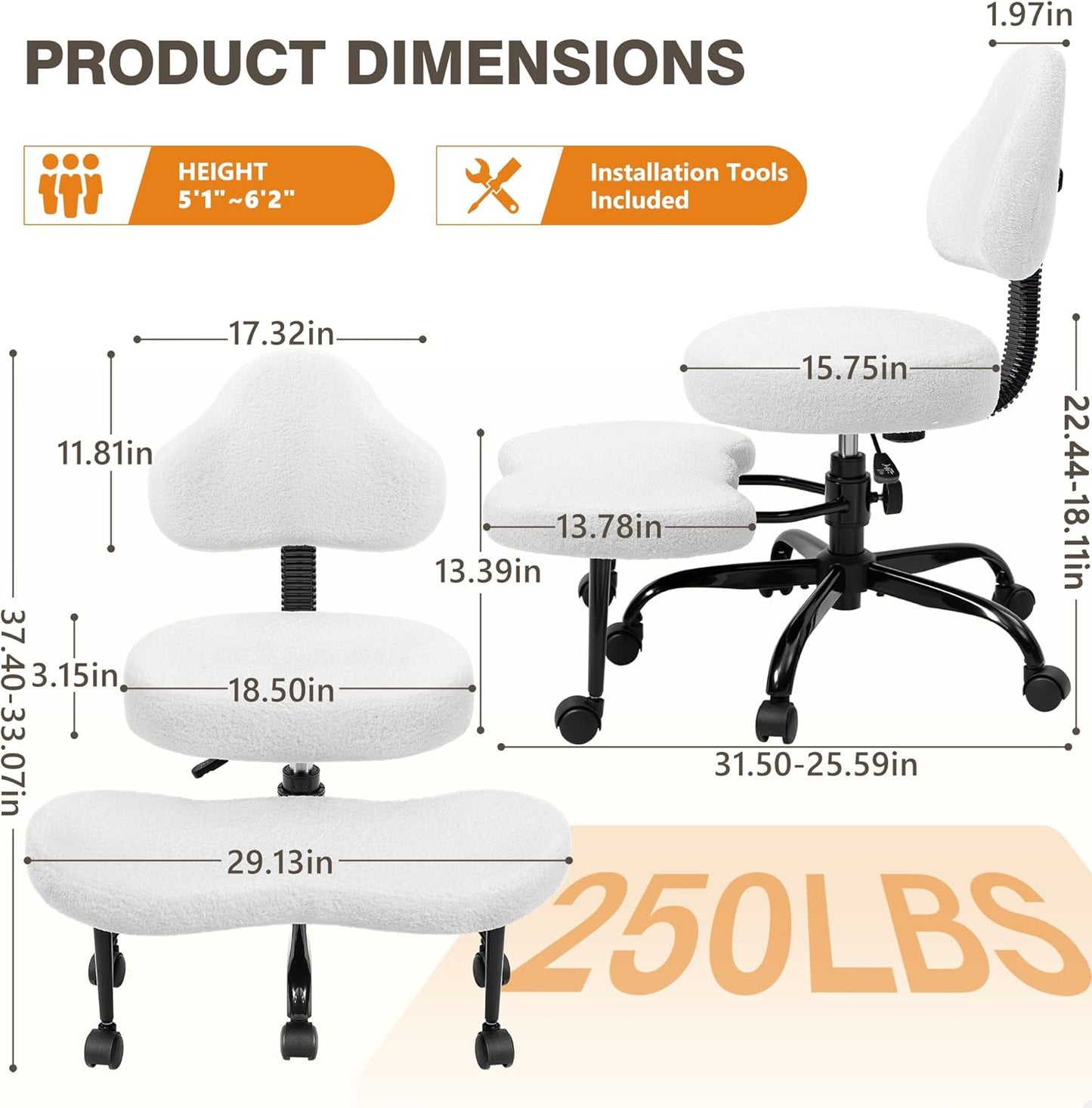 AtHope Cross Legged Office Chair, Criss Cross Desk Chair ADHD Meditation Kneeling Yoga Seat with Adjustable Height, Lumbar Support, Wider Footrest and Wheels (Black)