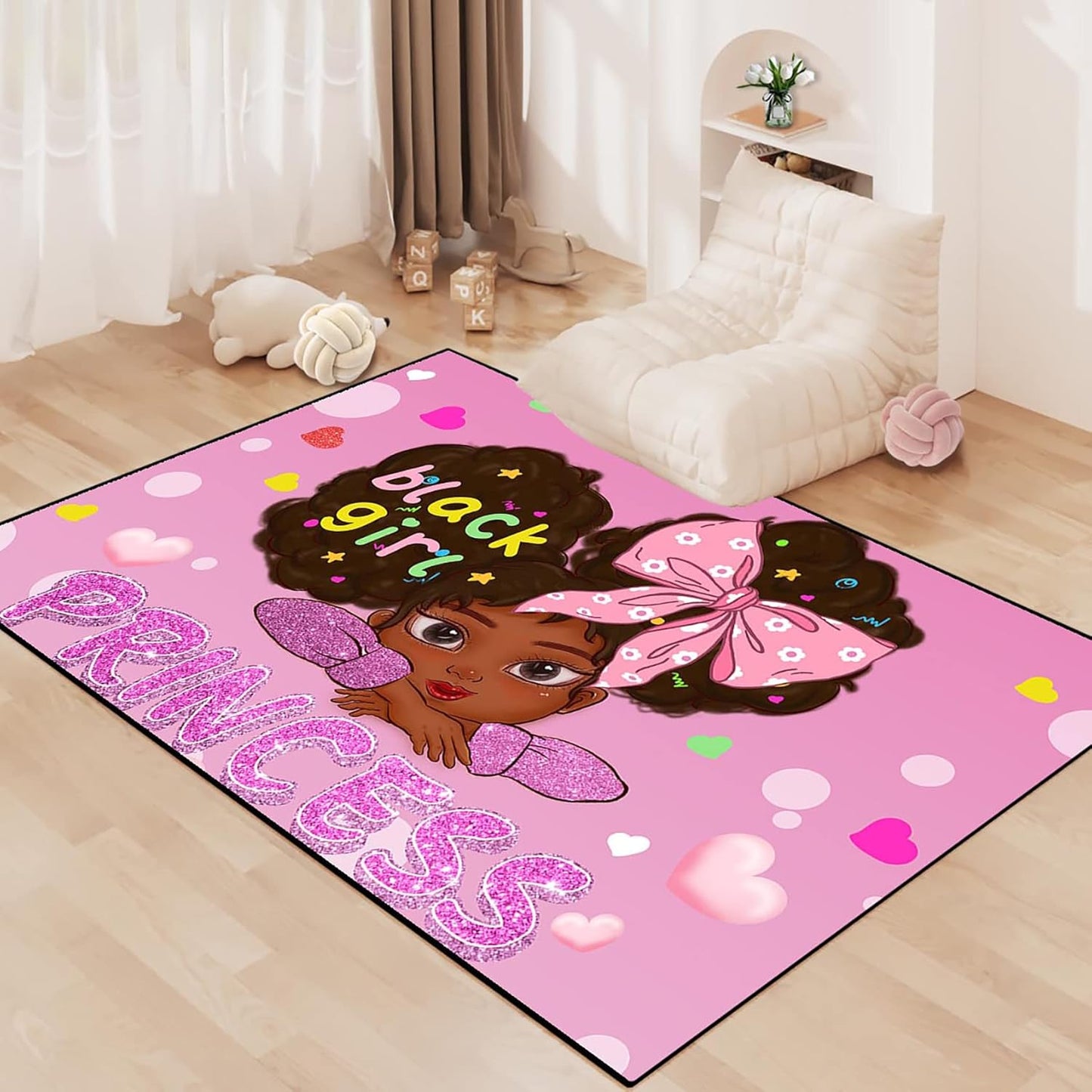 Black Girl Area Rug for Bedroom African American Rugs for Room Princess Carpet Kids Rugs for Bedroom African Girls Carpet for Living Room Teen Girls Yoga Mats, Pink, 4'×5'