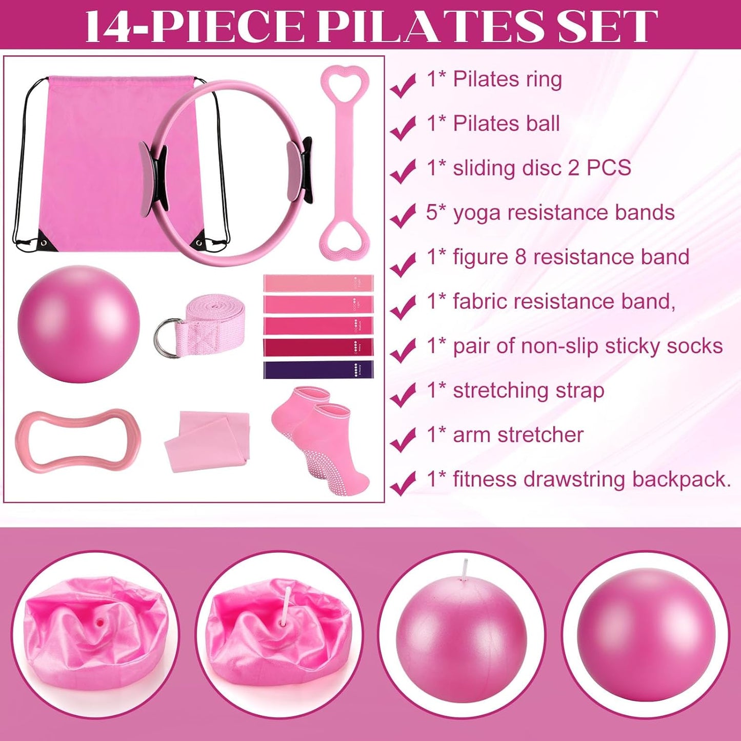 14 Pcs Pilates Kit Home Workout Kit for Women,Pilates Equipment Kit for Gym Studio Travel