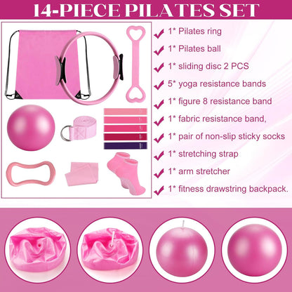 14 Pcs Pilates Kit Home Workout Kit for Women,Pilates Equipment Kit for Gym Studio Travel