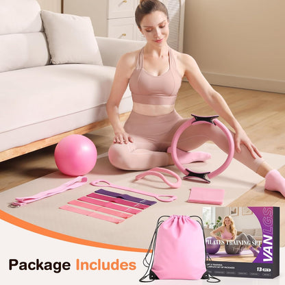 Pilates Kit 13Pcs Home Pilates Essentials Workout Kit with 13" Ring, 10" Ball and Resistance Bands for Women at Home Pilates Equipment Set for Beginners