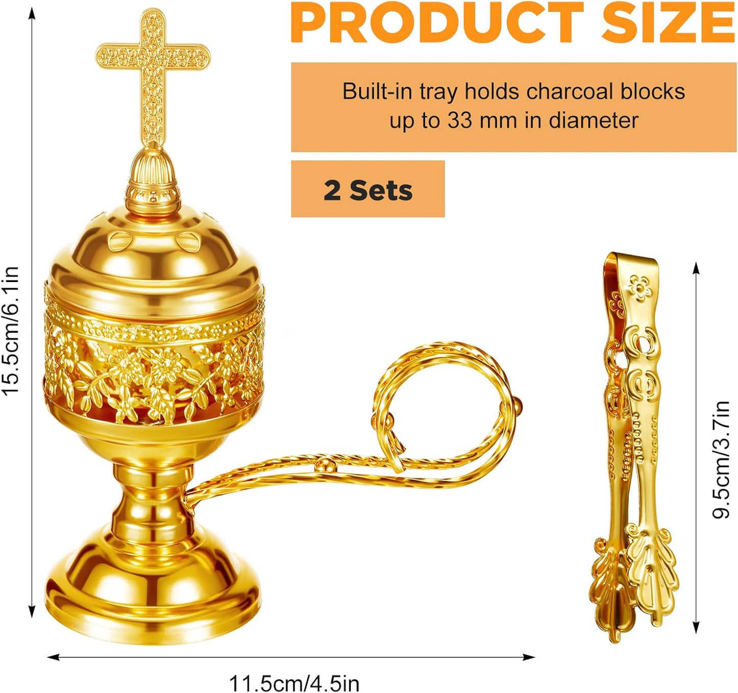 Zonon 1 Set Incense Burner with Tong, Frankincense Charcoal Incense Stand Holder, Ideal for Yoga, Spa, Aromatherapy, Home and Christian Church Censer (Gold,Retro)