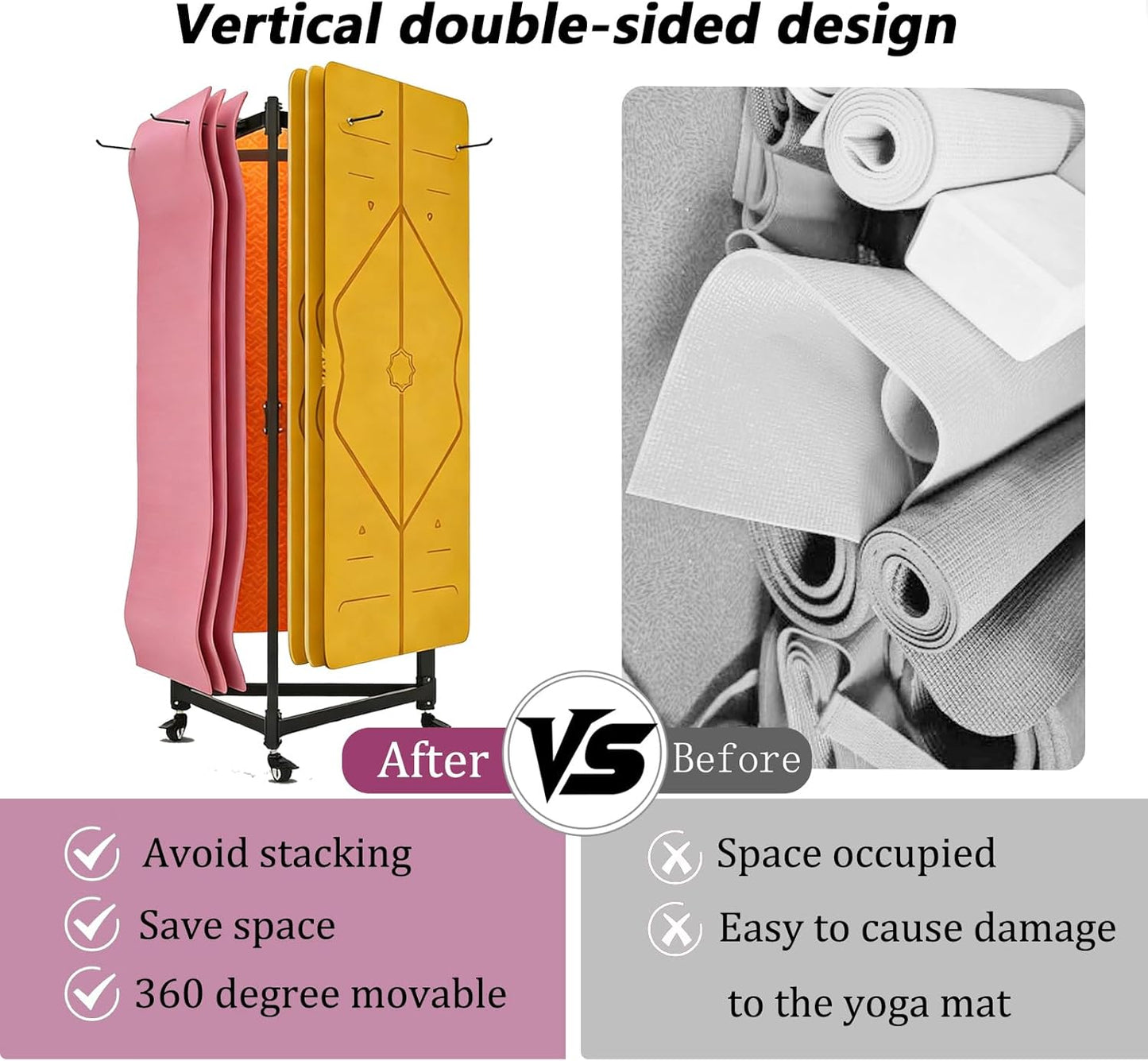 Hanging Yoga Mat Holder, Metal Double Sided Yoga Mats Storage Cart on Wheels, Floor Standing Pilates Mat Rack for Home Gym, Exercise, Yoga Studio, with Punching Tool