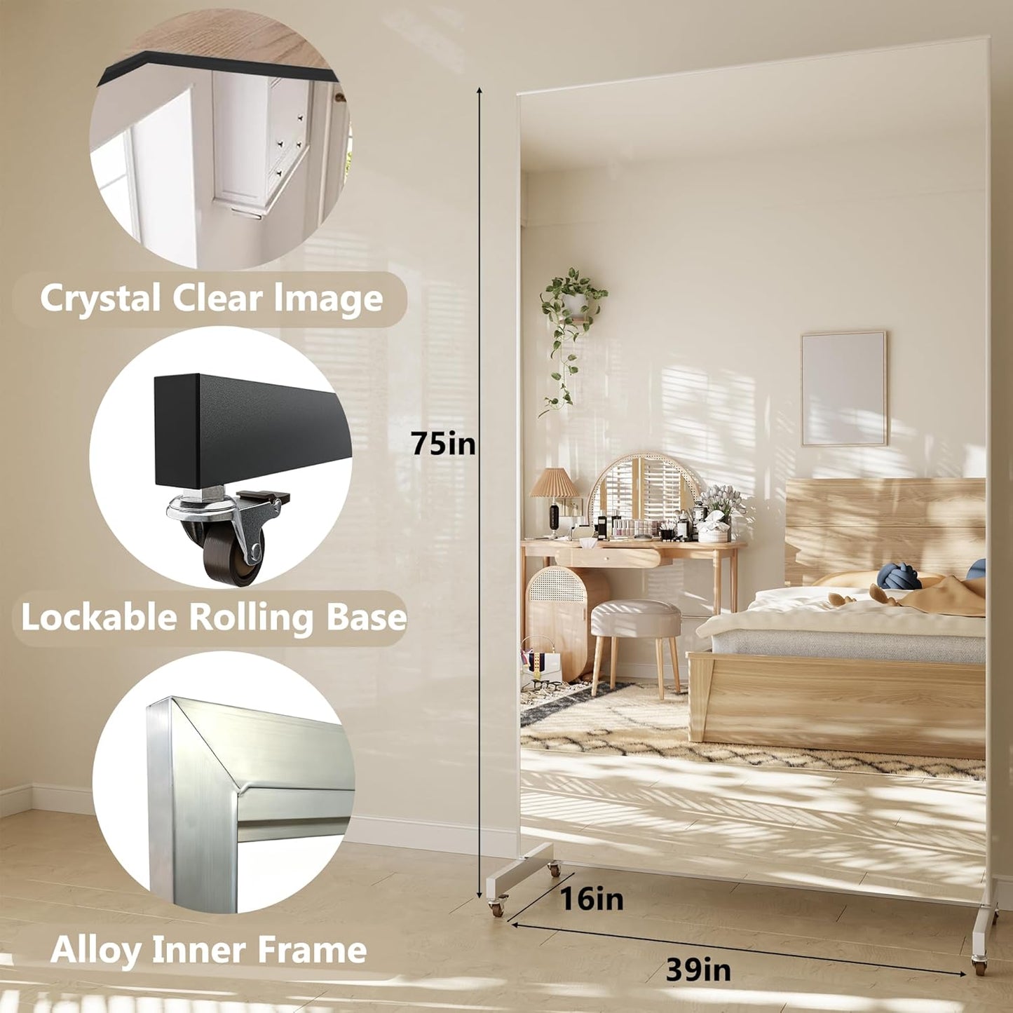 Full Length Floor Mirror with Wheels, Super Lightweight Glassless Shatterproof Film Mirror, Rolling Mirror for Home Gym, Dance Studio, Yoga Room, 67×20Inch, White