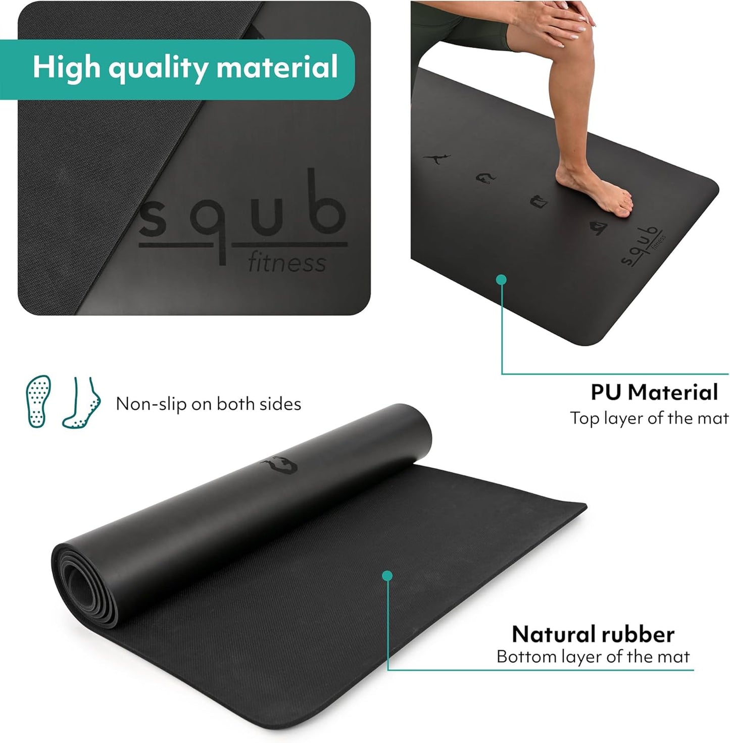Yoga Mat Thick 5mm – Non Slip Exercise Mat Workout Surface, PU Natural Rubber Grip, Extra Large 183x68 cm Wide Design, Pilates Fitness Training, Includes Strap & Carry Bag