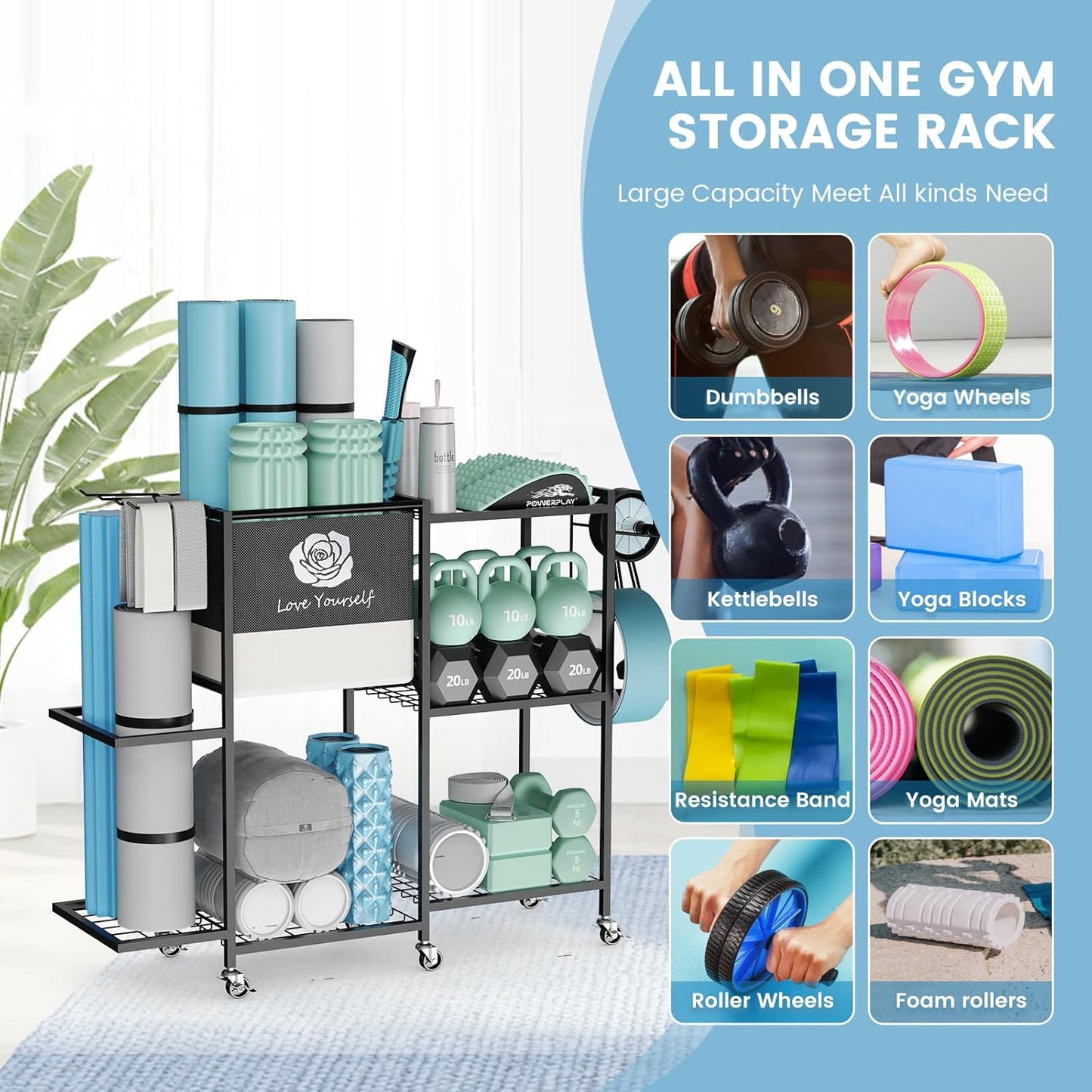 Yoga Mat Storage Rack，Home Gym Storage Rack Gym Workout Equipment Storage Organizer Fitness Weight Rack on Wheels for Yoga Mat,Yoga Block,Foam Roller,Resistance Band,Dumbbell,Kettlebell and Other Workout Accessories