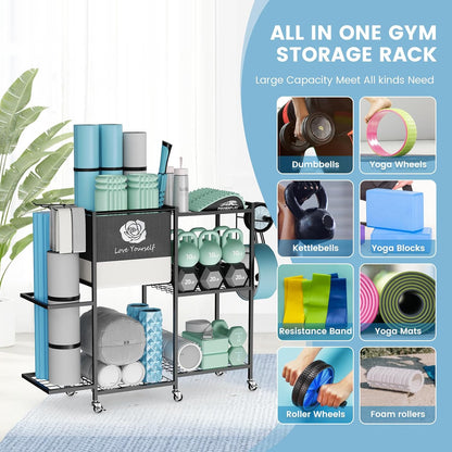 Yoga Mat Storage Rack，Home Gym Storage Rack Gym Workout Equipment Storage Organizer Fitness Weight Rack on Wheels for Yoga Mat,Yoga Block,Foam Roller,Resistance Band,Dumbbell,Kettlebell and Other Workout Accessories