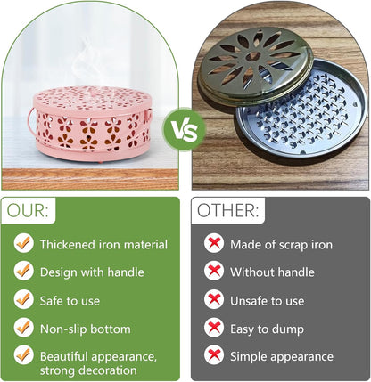 Portable Iron Mosquito Coil Holder with Handle Round Heat-Resistant Incense Holder (Bronze)