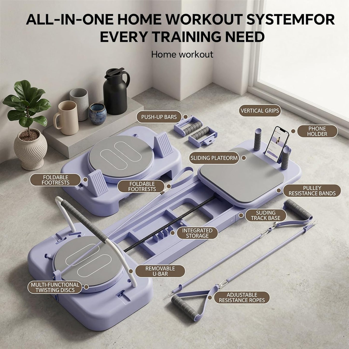 Pilates Board, Foldable Pilates Reformer Set for Home Workout with Timer, Multifunctional Portable Reformer Pilates Machine at Home Pilates Equipment (Pink)