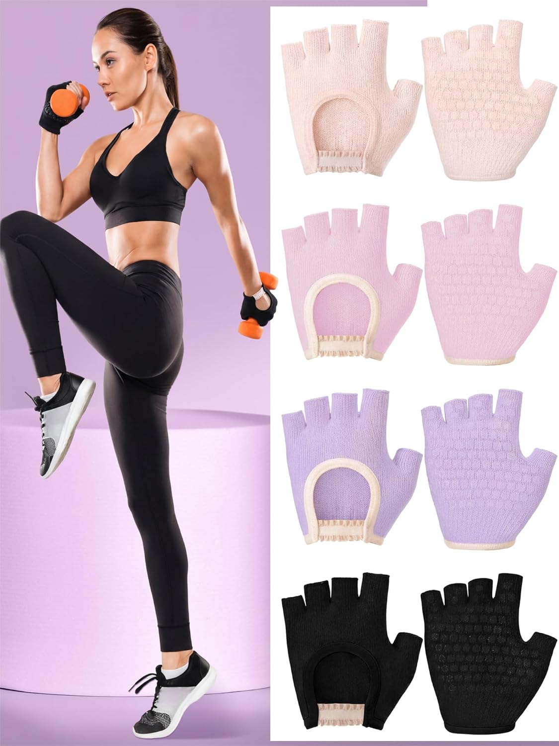 Fourluoo 4 Pairs Pilates Gloves with Grips for Women Non Slip Cotton Fingerless Silicone Yoga Gloves for Gym Exercise Workout Weight Training Mitten Fits Women Men