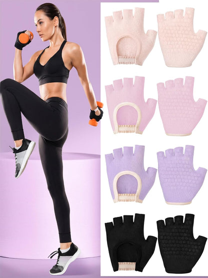 Fourluoo 4 Pairs Pilates Gloves with Grips for Women Non Slip Cotton Fingerless Silicone Yoga Gloves for Gym Exercise Workout Weight Training Mitten Fits Women Men