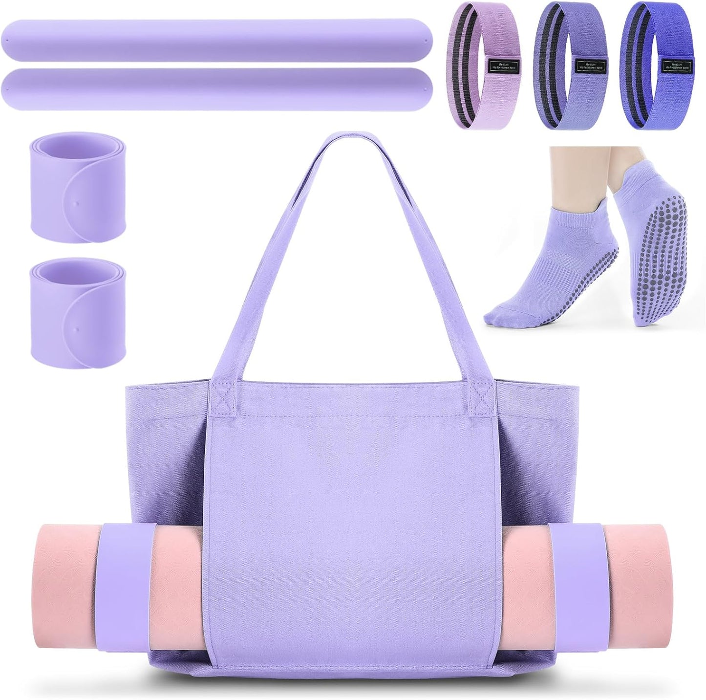Halloscume Yoga Bag Set for Women Including Yoga Mat Tote Bag, Booty Resistance Bands, Non Slip Sports Socks Silicone Ties for Pilates Travel Workout Office Home Gym