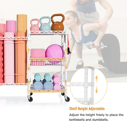 FUTASSI Home Gym Storage, 3 Tiers Workout Equipment Organizer with Wheels for Yoga Mats, Foam Roller, Dumbbells, Kettlebells, and Resistance Bands