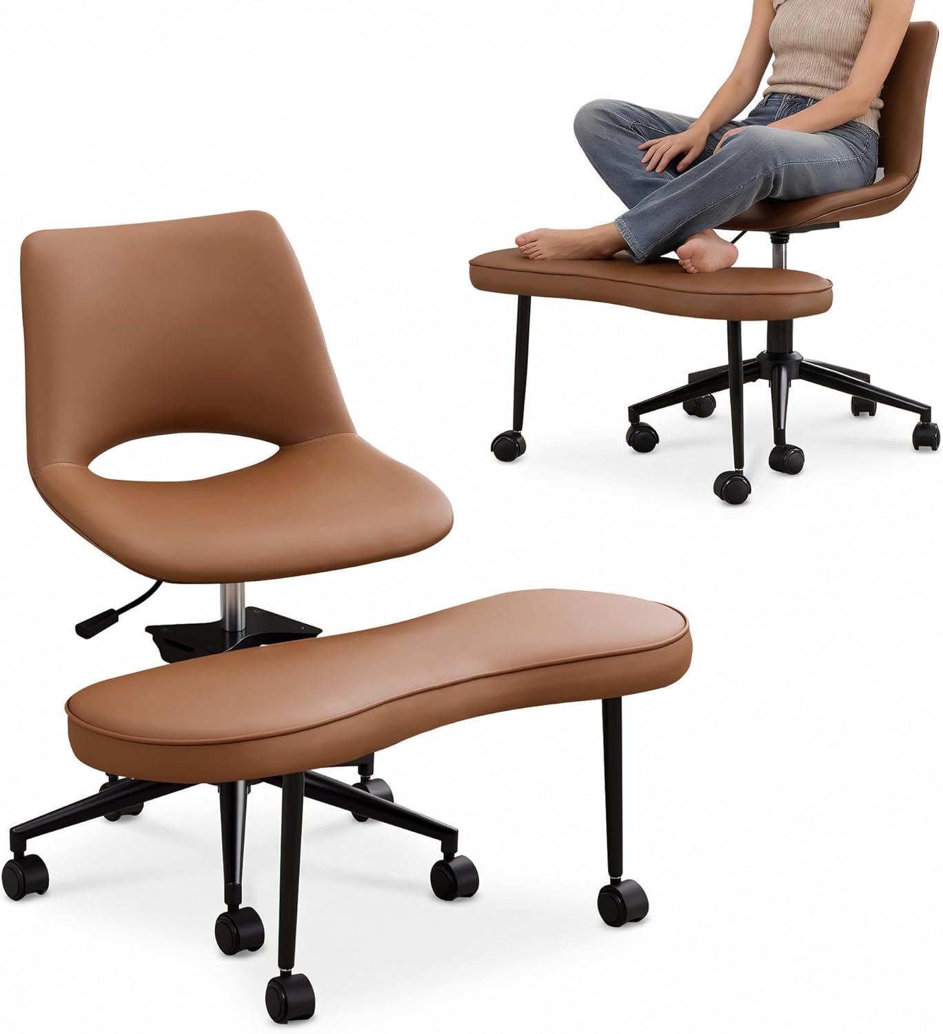 GAOMON Ergonomic Cross Legged Chair with High Lumbar Support, 360° Swivel Meditation Chair with Wheels - Adjustable Height for ADHD Desk & Yoga, PU Leather Yoga Stool for Home, Black