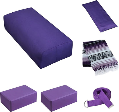 Sunshine Yoga 6-Pack Restorative Yoga Kit, 1 Yoga Bolster (24" x 12" x 6"), 2 Yoga Blocks (4" x 6" x 9"), 1 6ft D-Ring Yoga Strap, 1 Mexican Yoga Blanket, and 1 Unscented Sateen Eye Pillow