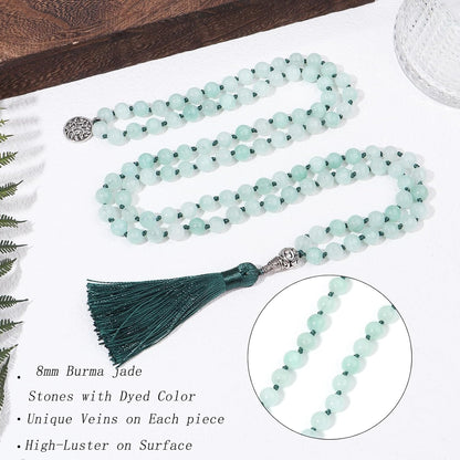 108 Mala Beads Necklace Semi-Precious Gem Stones Meditation Necklace 108 Hand Knotted Japa Mala Beaded Tassel Necklace with Tree of Life Pendant