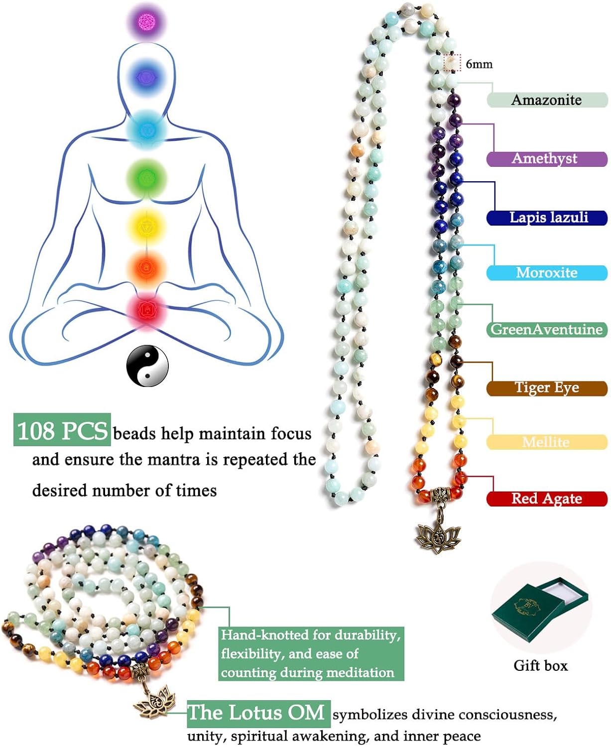 Bivei 7 Chakra 108 Mala Beads Bracelet Real Gemstone Yoga Meditation Hand Knotted Mala Prayer Bead Necklace