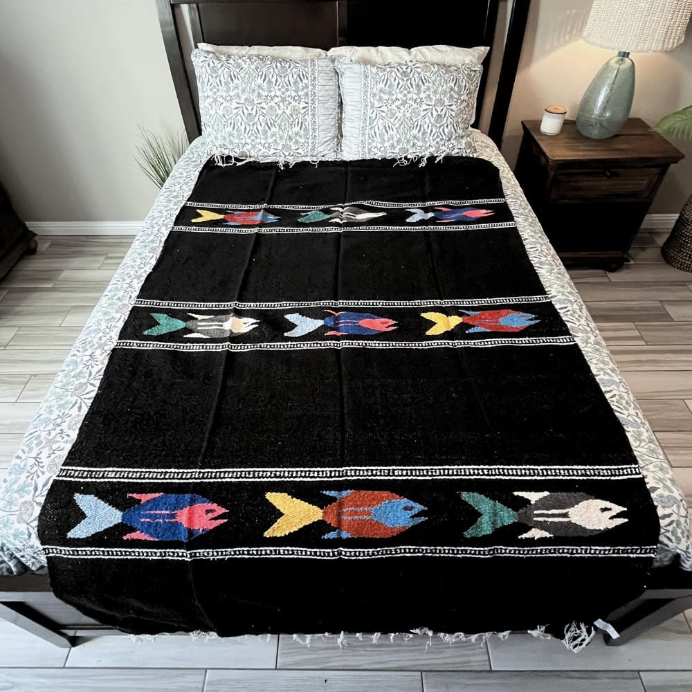Open Road Goods Thick Mexican Yoga Blanket - Serape Fish Design - Handmade (Mint)