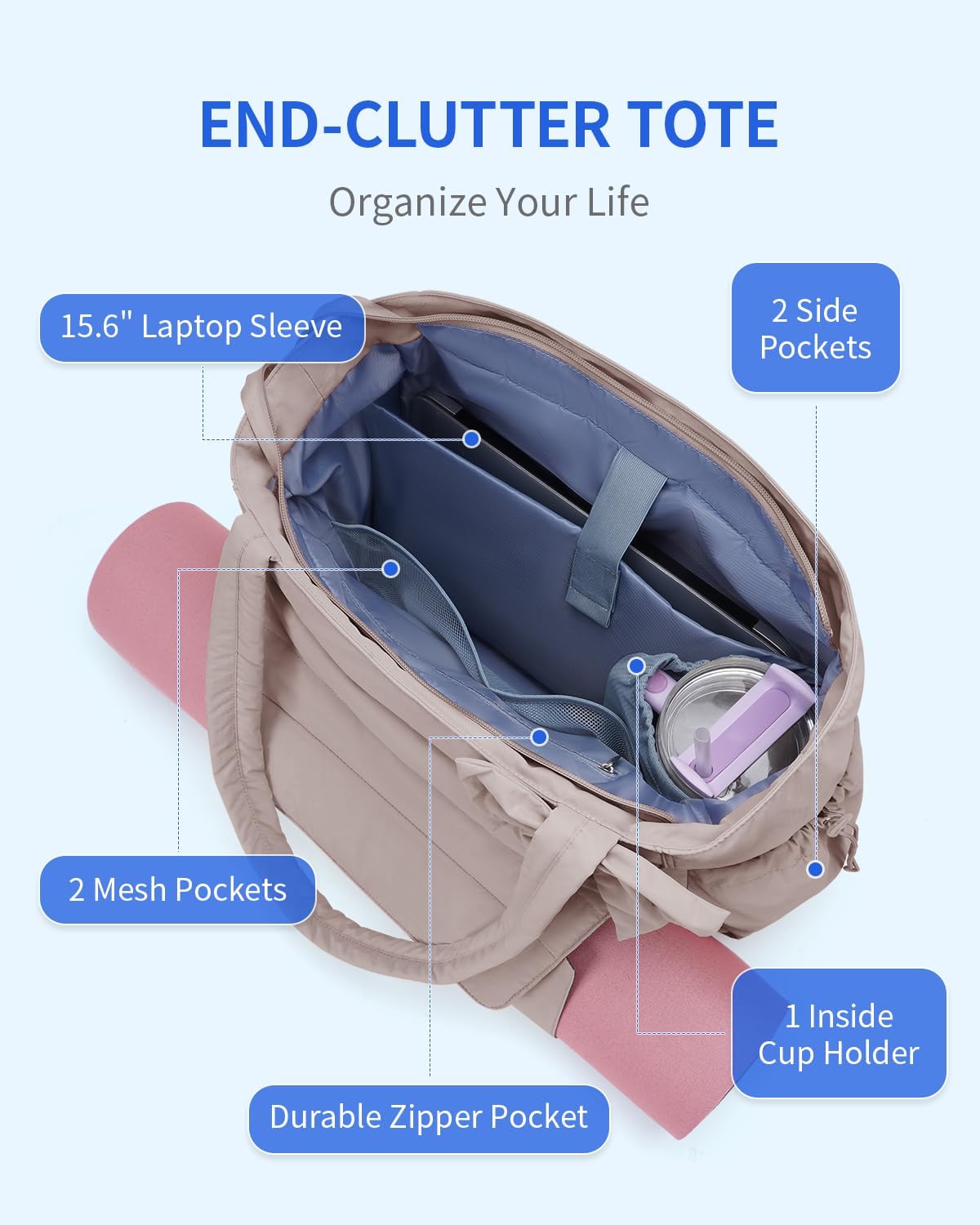 Wandering Nature Bow Tote Bag for Work Fits 40oz Tumbler, Yoga Bag with Wet Pocket & Yoga Mat Pocket, Commute, Gym, Travel