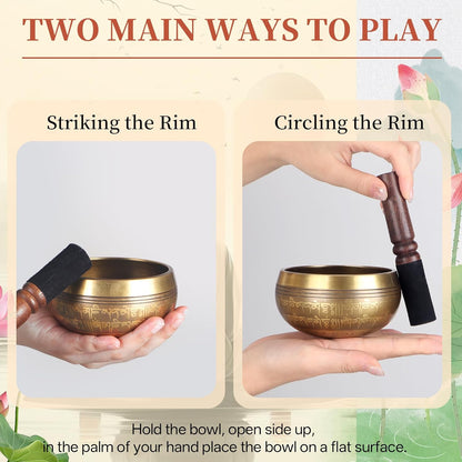 AKLOT HandMade Meditation Singing Bowl: Tibetan Sound Bowl Set with Pure Tone, Sound Bath Bowl with Cushion, Mallet, Carry Bag, Spiritual Gift for Chakra Clearing, Yoga, Prayer, Relaxation (5 Inch)