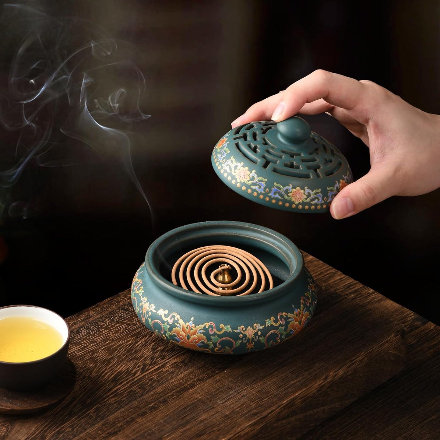 Ceramic Incense Burner with Incense Holder+ Fireproof Cotton,Handmade Smudging Burn Bowl for Stick or Coil Incense,Sage Cones,Frankincense and Mosquito Incense (Enamel)
