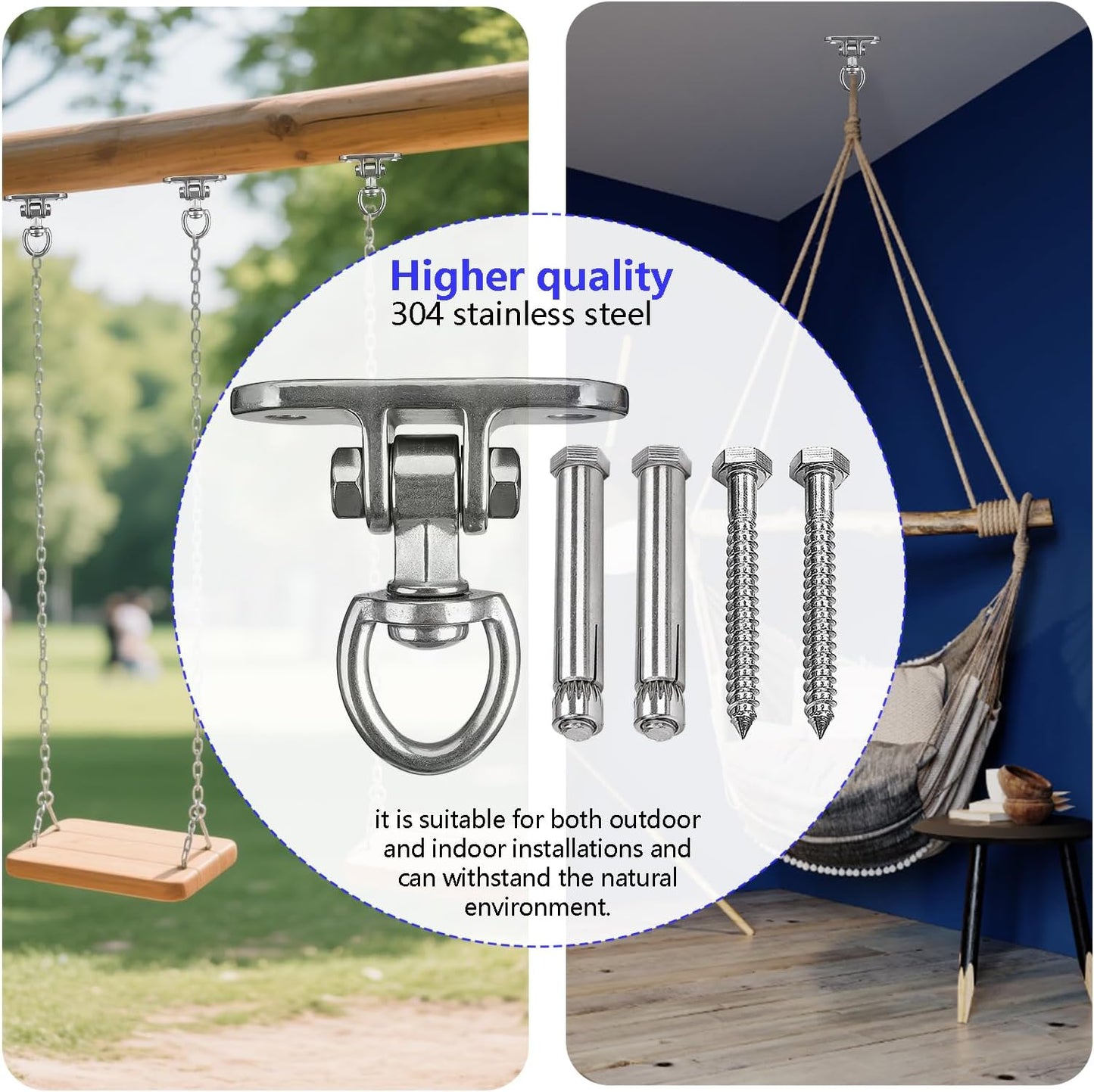 2 Antirust Swing Hanger Heavy Duty 360°+180°Rotation 1500LB Capacity Wood Playground Yoga Hammock Chair, Rope sandbag