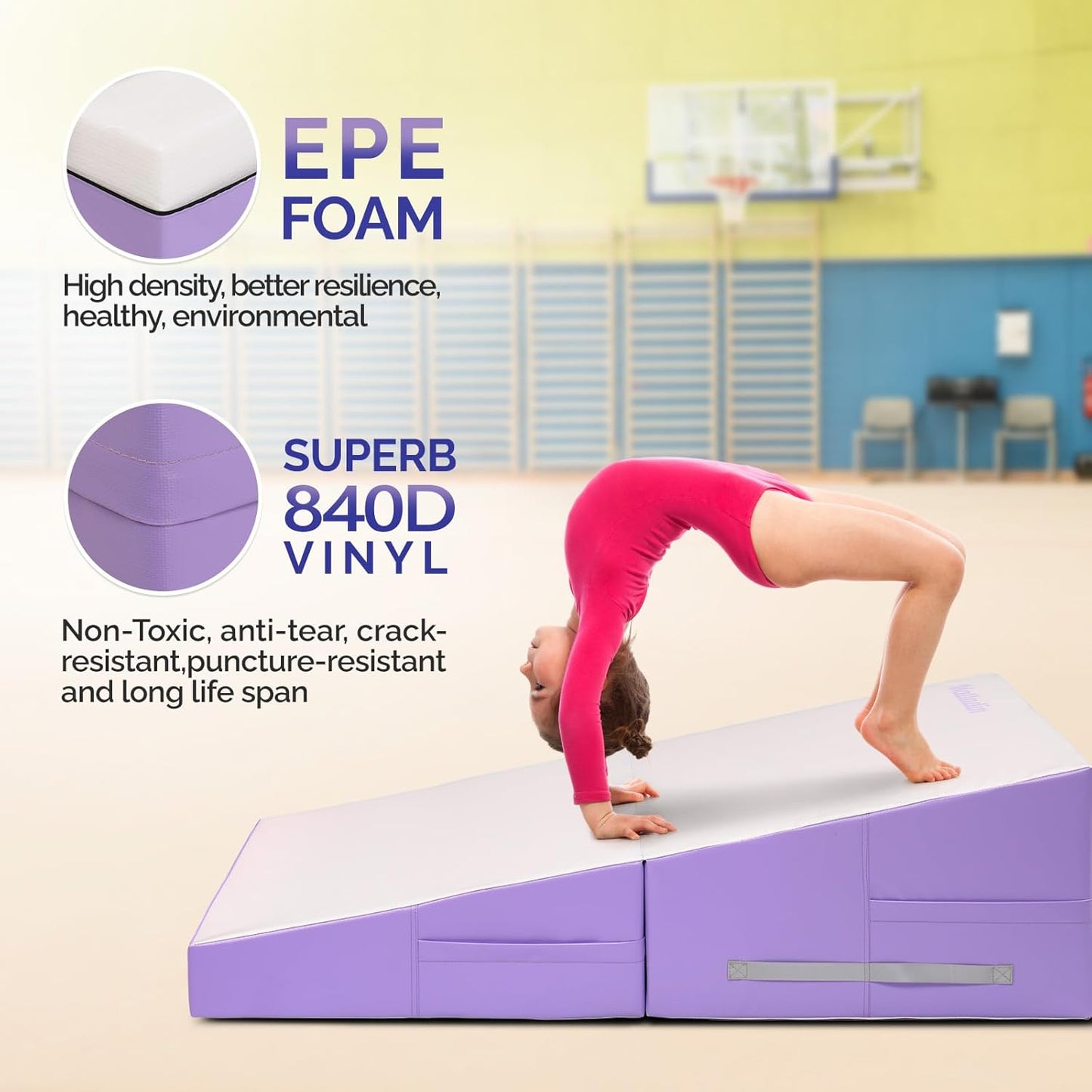 Matladin Incline Gymnastics Cheese Wedge Mat, 48"x24"x14" - Folding Gymnastics Mat for Kids Girls Home Training