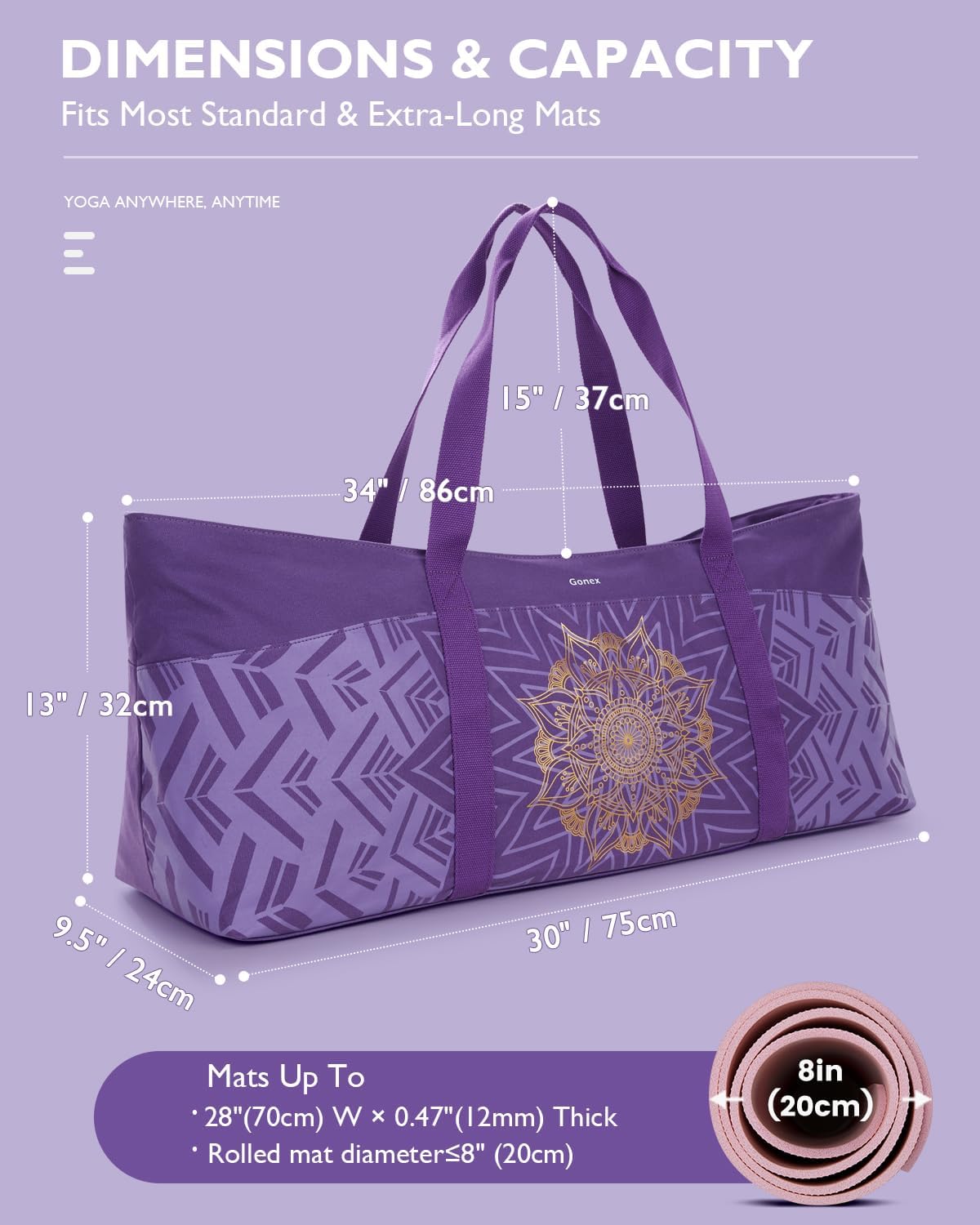 Gonex Yoga Mat Bag, Extra Canvas Gym Bag with Waterproof Pocket Metal Zipper, Fits Mat & Blocks, Stylish Yoga Mat Carrier for Women, Ideal for Yoga, Pilates, Workout, Travel