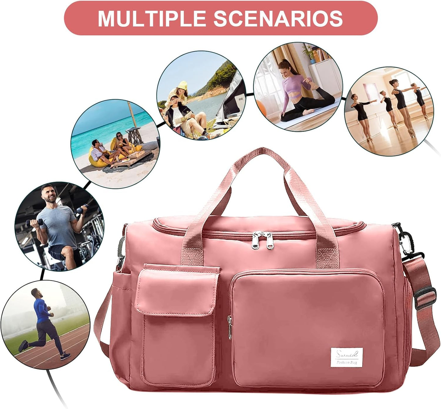 Suruid Travel Yoga Duffel Bag with Shoes Compartment Sports Gym Handbag with Dry Wet Separated Pocket for Training Men and Women, Overnight /Weekender Bag - Pink