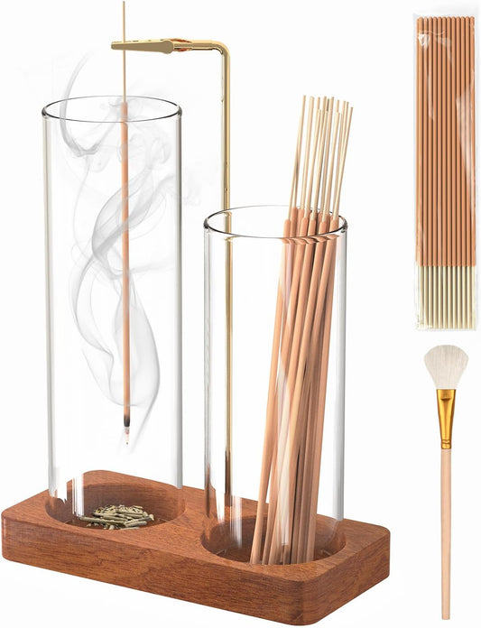 2 in 1 Incense Holder with 7.8" & 5.9" Glass Jars, Large Incense Holder for Sticks, Upside Down Incense Burner with Ash Catcher & Storage for Meditation Yoga Spa Home Decor - 20 Incense Sticks & Brush