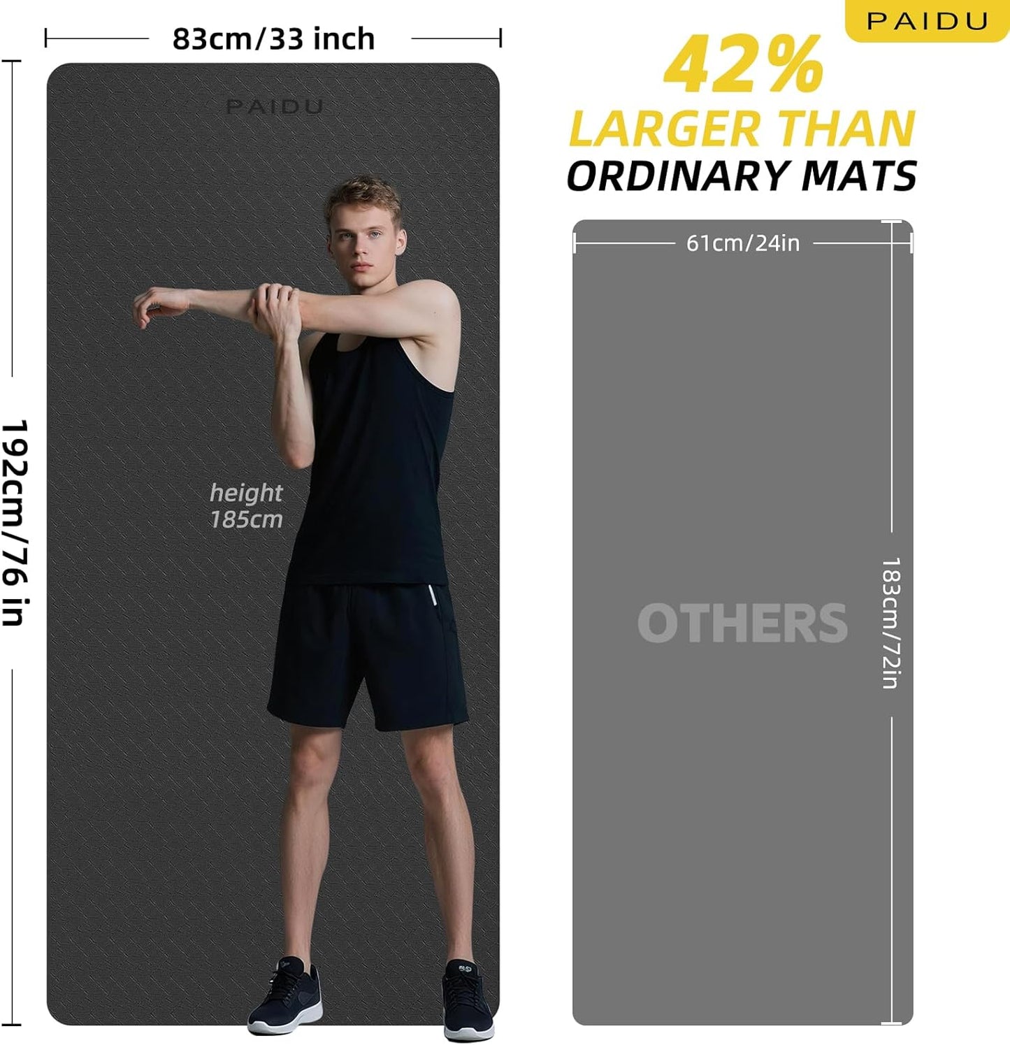 PAIDU Extra Long Wide Yoga Mat 76"x33"x2/5 Inch - Non Slip Thick Exercise Mat for Home Gym, Yoga, Pilates & Workouts