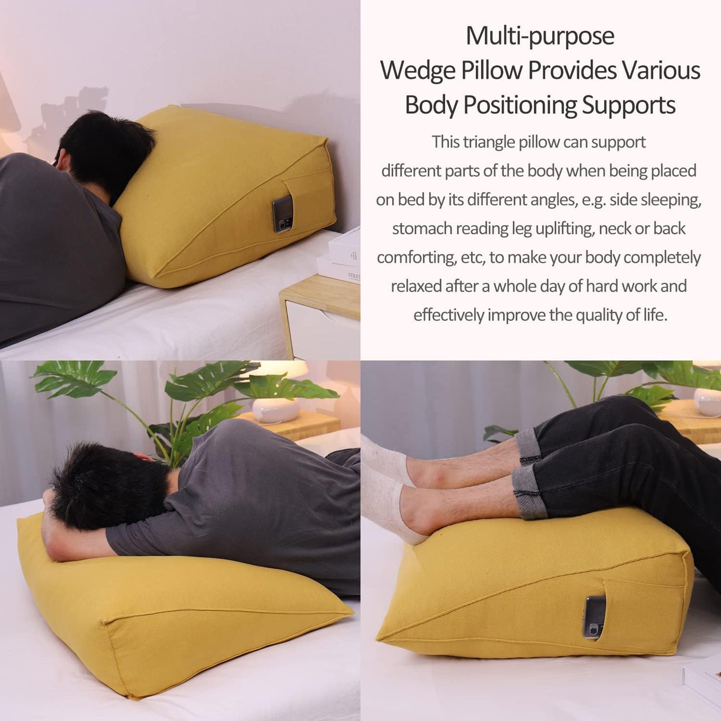 Cotton Linen Daybed Pillow Large Filled Triangular Soft Headboard Wedge Cushion Bed Backrest Positioning Support Reading Pillow for Adult Shoulder Lumbar Leg Bolster（Yellow, Small）