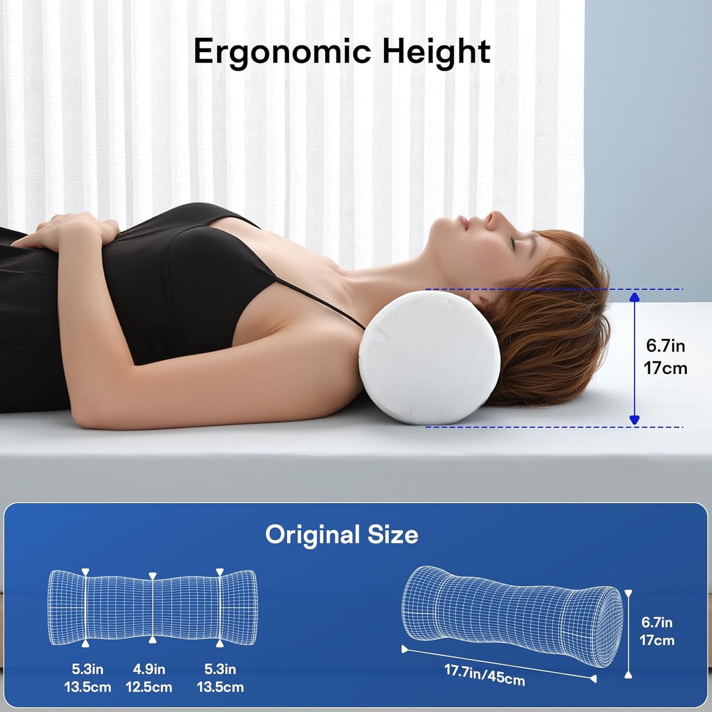 Neck Roll Pillow - Memory Foam Round Neck Pillow for Sleeping - Cooling Cover Cervical Roll Pillow - Ergonomic Bolster Pillow for Neck, Leg, Back, Yoga, Relaxing (Grey Blue)