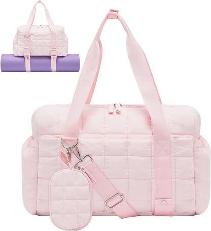 Small Gym Bag for Women, Puffy Sports Duffel Bag with Yoga Mat Holder, Gym Tote Bag with Wet Pocket & Coin Wallet, Carry on Bag for Workout Dance Pilates Ballet Swimming Travel