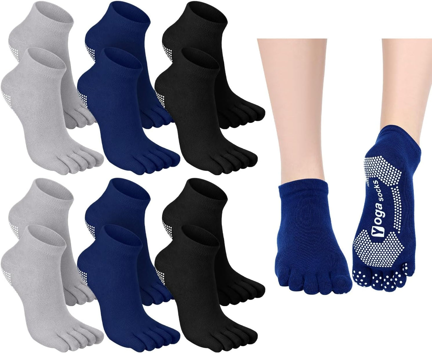 Fourluoo 6 Pairs Women Toe Socks Non Slip Yoga Socks with Grip Men Pilates Toe Socks for Dance Gym