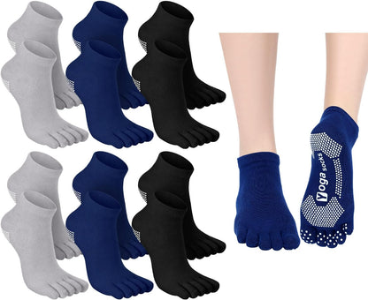 Fourluoo 6 Pairs Women Toe Socks Non Slip Yoga Socks with Grip Men Pilates Toe Socks for Dance Gym