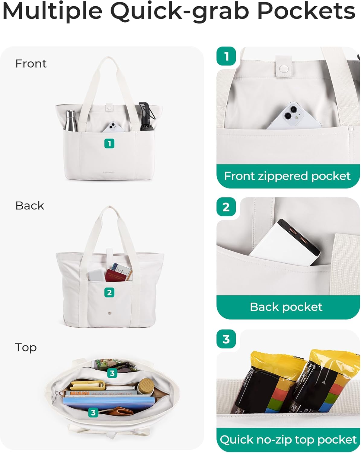 BAGSMART Tote Bag for Women, Foldable Tote Bag With Zipper Travel Shoulder Bag Handbag for Work