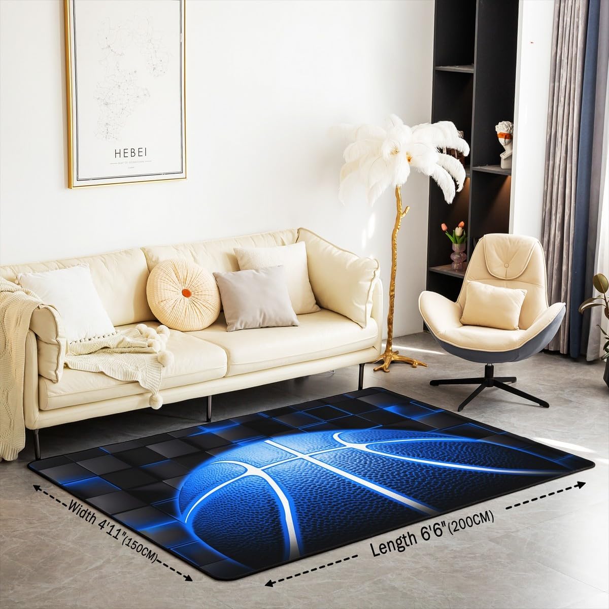 jejeloiu Basketball Living Room Rugs for Bedroom 5x7 Kids Gaming Sports Decor Carpet for Boys Girls Teens Ball Games Area Rug Soft Gift for Basketball Lover Grey and Black Room Decor