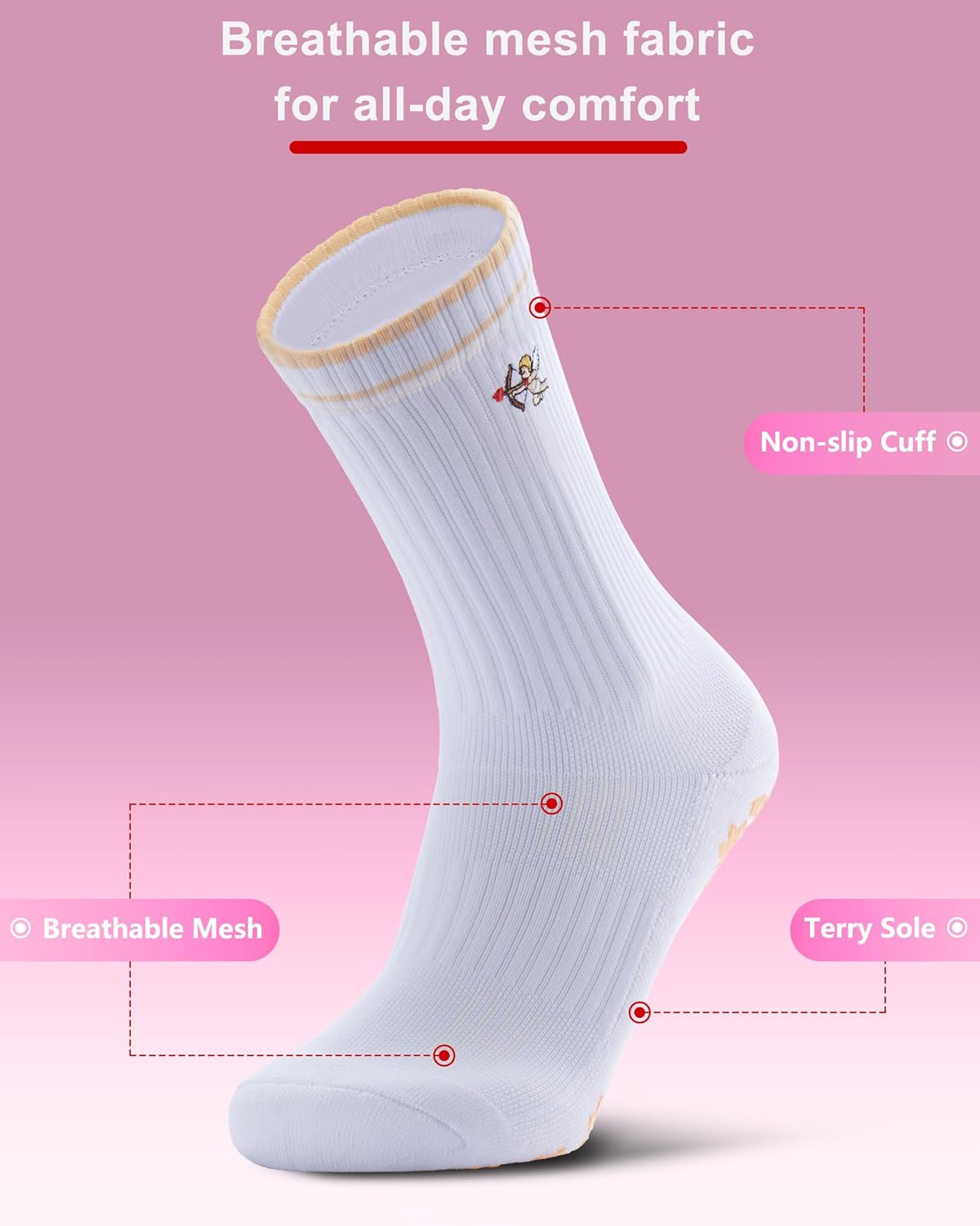 Pilates Grip Socks for Women - Embroidery Athletic Crew, Non-Skid Sticky Soles for Yoga, Barre, Workout & Hospital